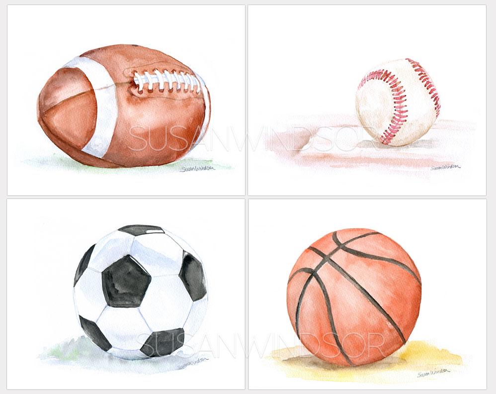 998x792 Watercolor Sports Art Print Set