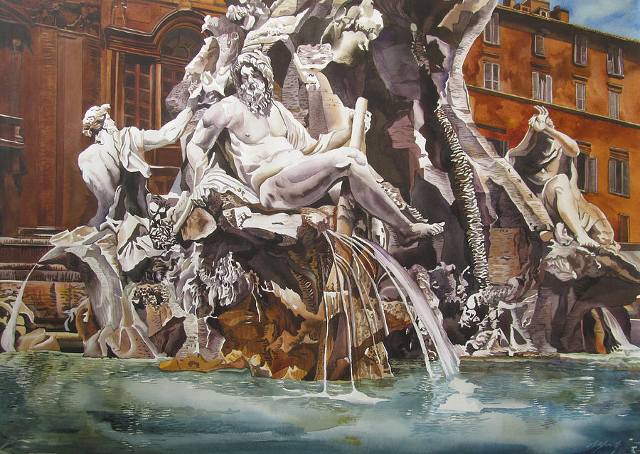 900x639 Fountain Of The Four Rivers Painting By Alfred Ng