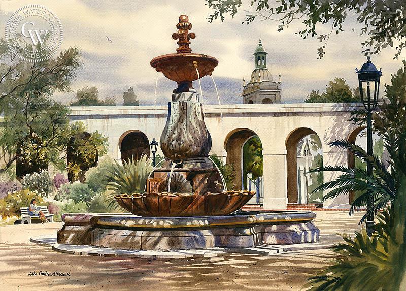800x573 Pasadena City Hall Fountain, Watercolor Art By John Bohnenberger