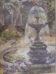 225x300 Signed Watercolor Of Pigeons Around A Fountain Impressionist