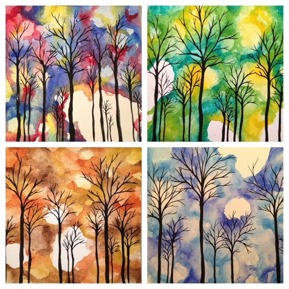 570x570 Four Seasons Print Set Watercolor Trees By Lolarachelle On Etsy