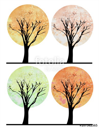 388x500 Set Of Stylized Watercolor Trees For All Four Seasons