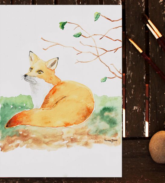 547x607 April, Original Watercolor Painting, Watercolor Fox Painting