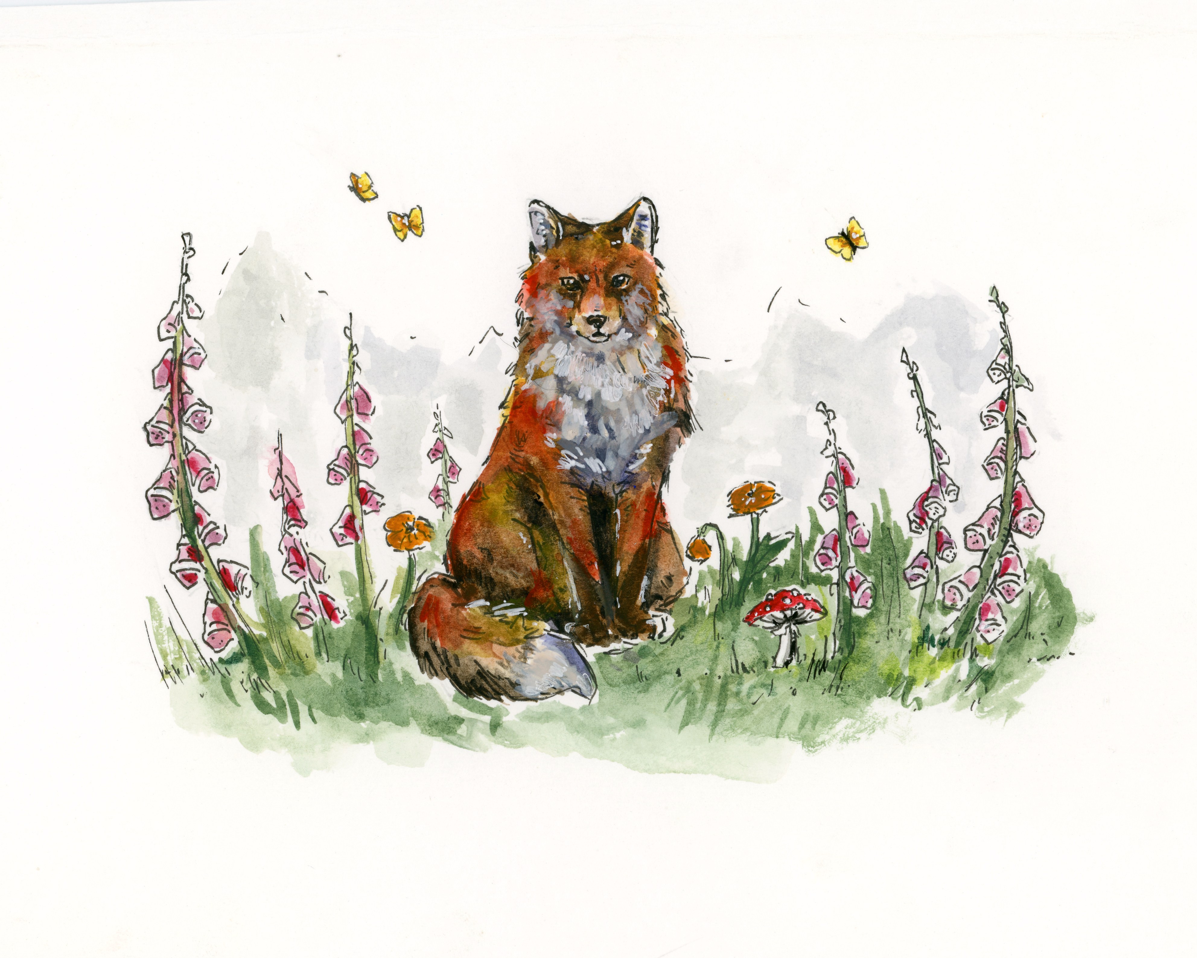 3967x3174 Fox Original Watercolor Giclee Fairy Gardens