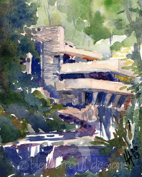 570x713 Architecture Watercolor Fallingwater Frank Lloyd Wright Art Etsy