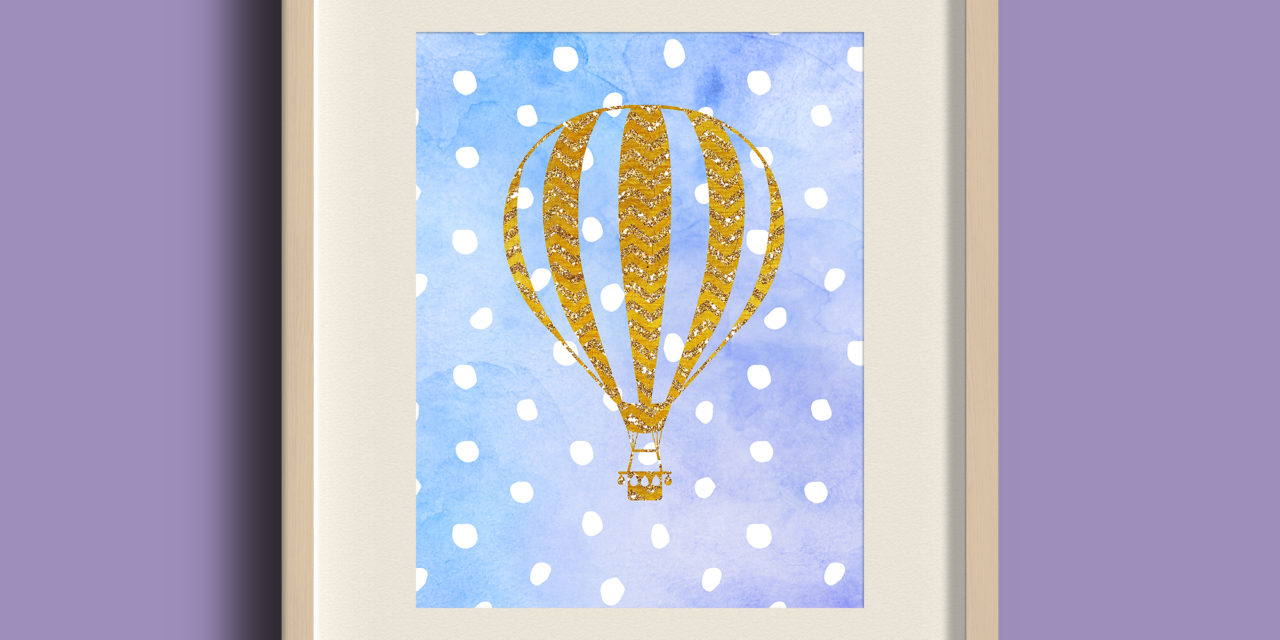 1280x640 Free Printable Golden Air Balloon On Blue Watercolor Background