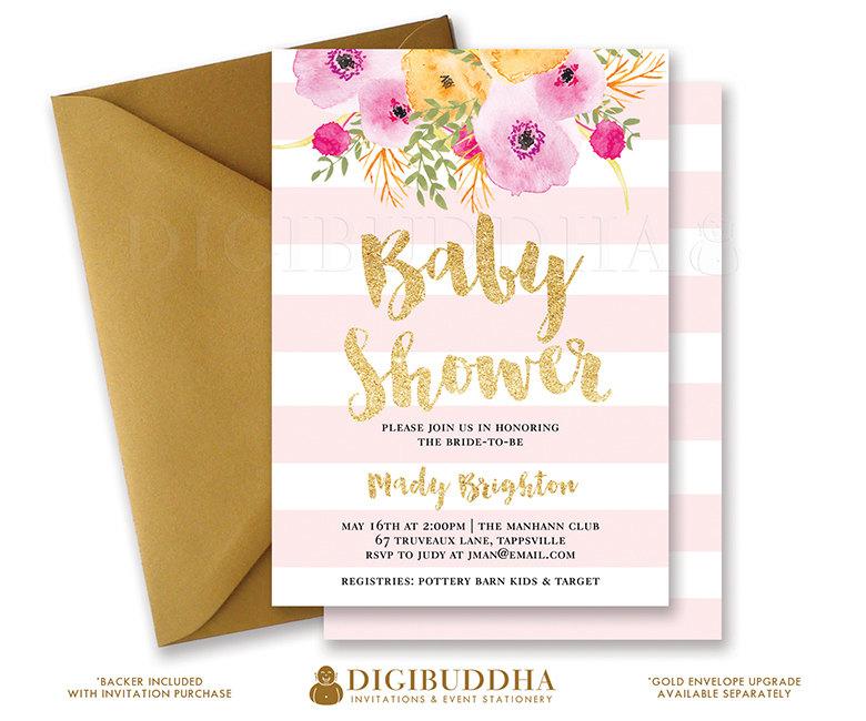 780x650 Pink Stripes Baby Shower Invitation Gold Glitter Painterly