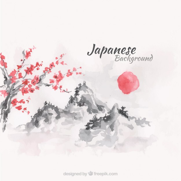626x626 Sunset Japanese Landscape Background In Watercolor Effect Vector