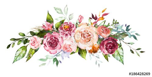 500x255 Watercolor Flowers. Hand Painted Floral Illustration. Bouquet Of