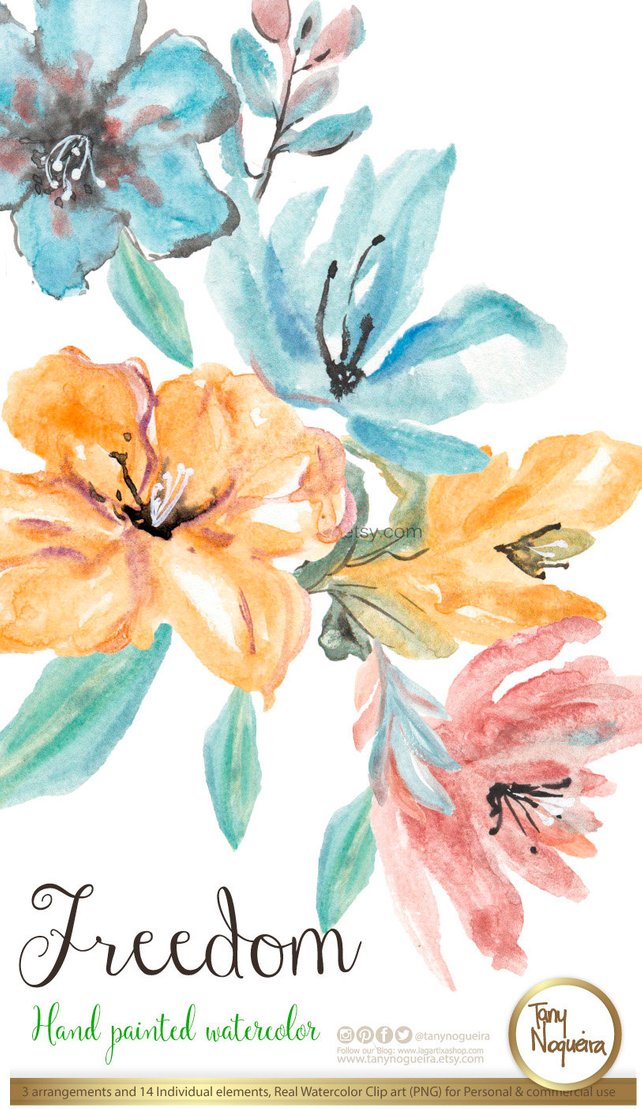 642x1109 Freedom Watercolor Floral Wedding Elements Clipart Png Etsy