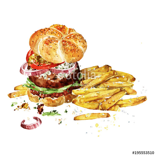 500x500 Angus Burger With Fries. Watercolor Illustration. Stock Photo And