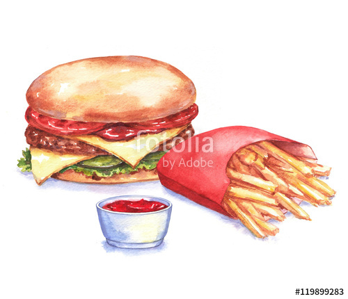 500x430 Hand Drawn Watercolor Fast Food Illustration. Drawing Of The