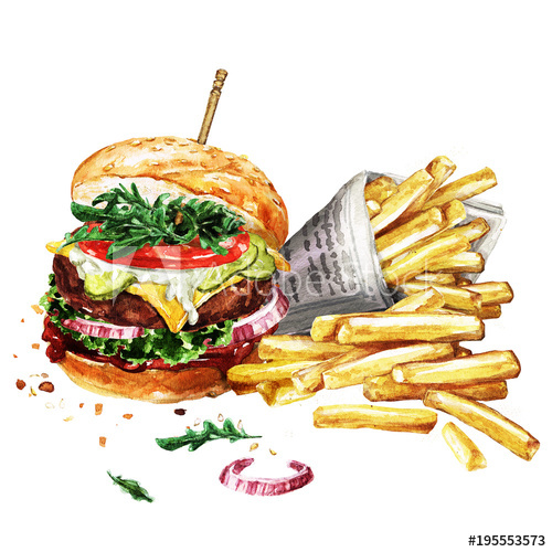 500x500 Traditional Hamburger With Fries. Watercolor Illustration.