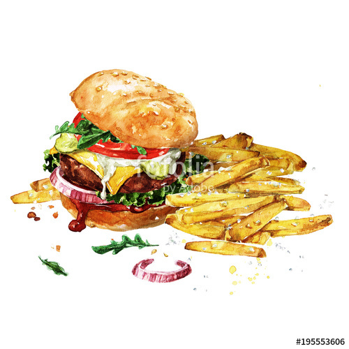 500x500 Traditional Hamburger With Fries. Watercolor Illustration. Stock