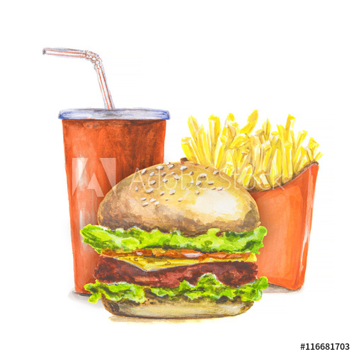 500x500 Watercolor Fast Food. Red Pocket Of French Fries, Red Cola Cup And