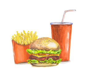 283x240 Watercolor French Fries. Isolated Red Pocket Of French Fries