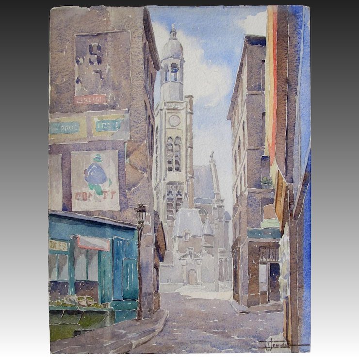 740x740 Vintage 50s French Watercolor Painting Provincial Street Fruit