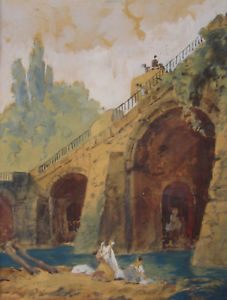 227x300 French School Watercolor Style Hubert Robert Washerwomen Bridge