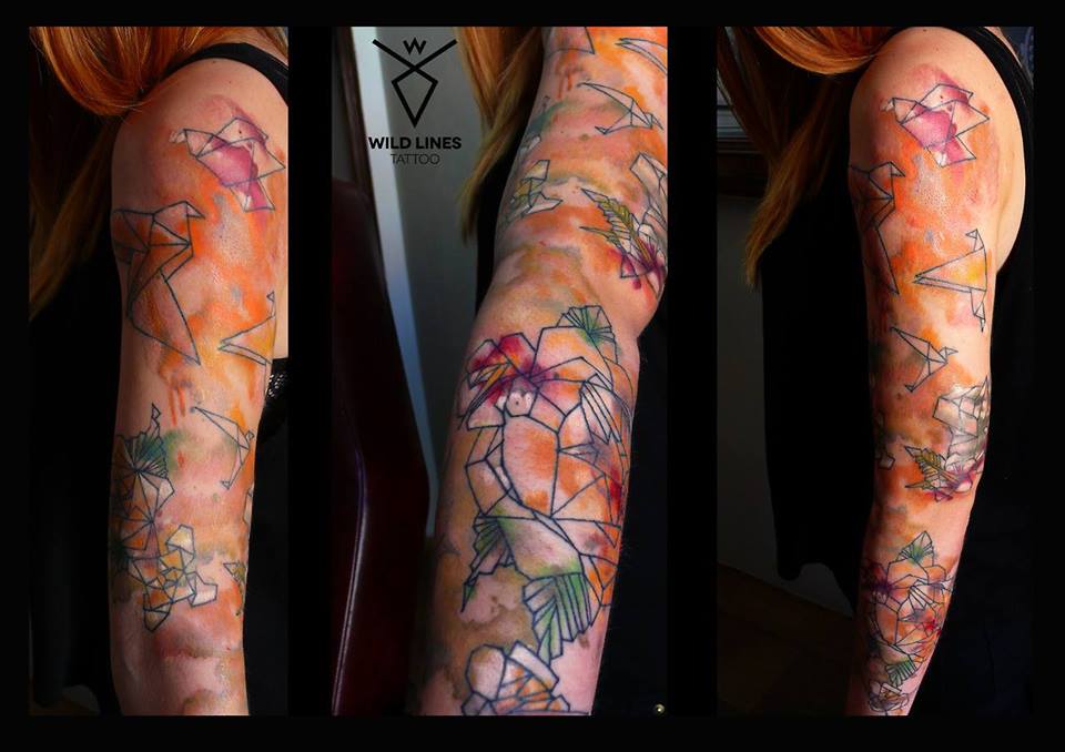 960x678 Watercolor Paper Birds And Flowers Tattoo On Girl Left Full Sleeve