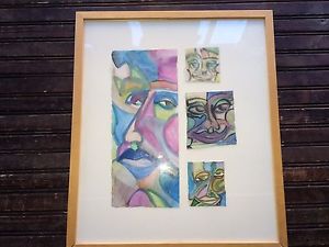 300x225 Framed Watercolor Funky Faces On Paper Art Deco By Brian Tolbert