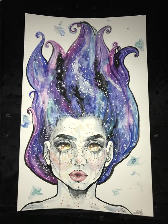 570x760 Ooak Original Watercolor Galaxy Girl Etsy
