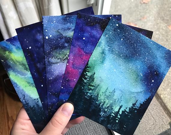 570x451 Galaxy Watercolor Postcards Set Of 5 Nebula Art Aurora Etsy