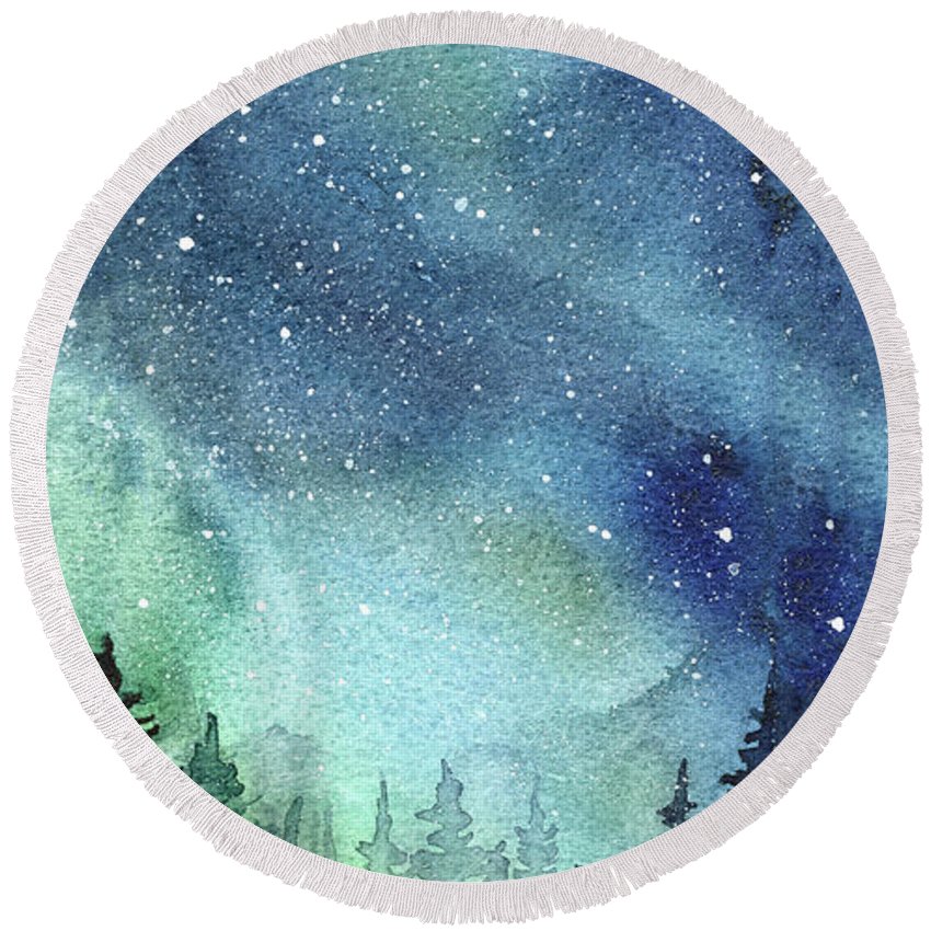 850x850 Galaxy Watercolor Aurora Painting Round Beach Towel For Sale By