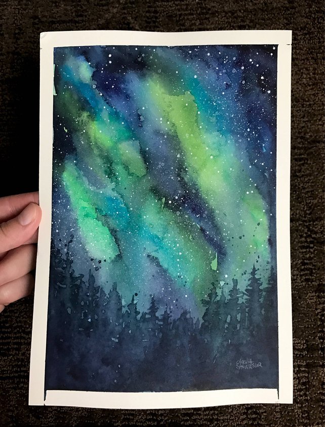 642x843 Galaxy Watercolor Northern Lights Painting Galaxy Art Aurora Etsy