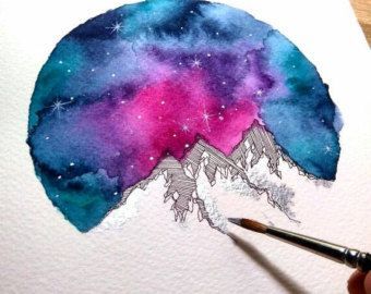 340x270 Mountains Watercolor Painting Blue Galaxy Art By Skyesartworks