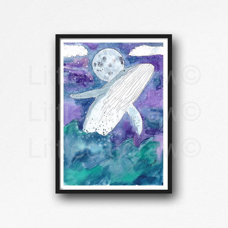 750x750 Buy Whale Breaching Moon Galaxy Humpback Whale Watercolor Painting