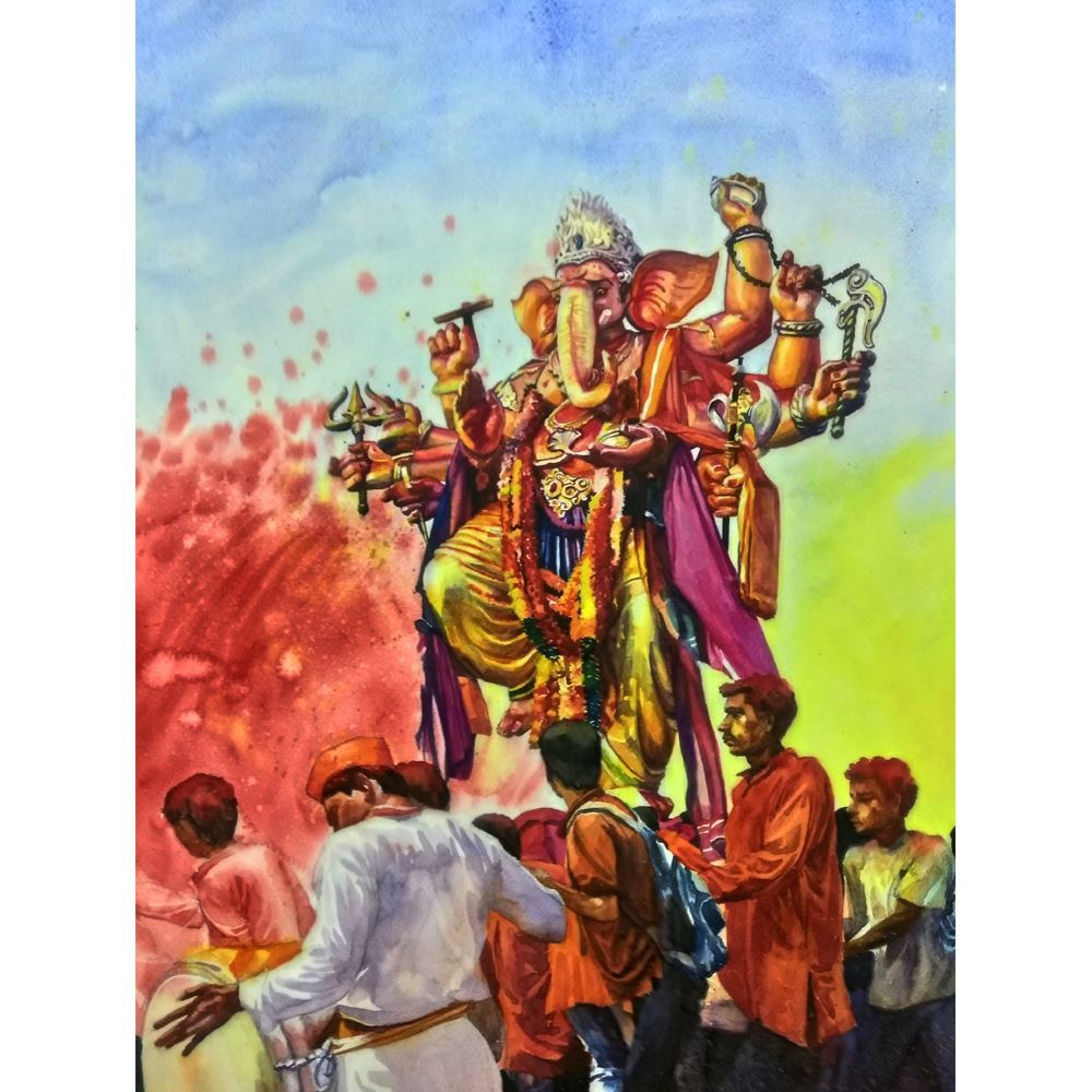 1000x1000 Ganesha Visarjan (Watercolor Painting Depicting The Last Day Of