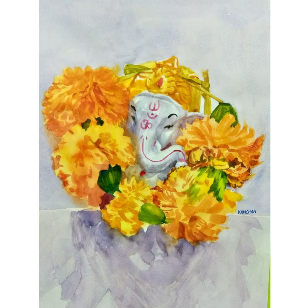 1000x1000 Ganesha With Garland Ii ( Painted With Watercolor)