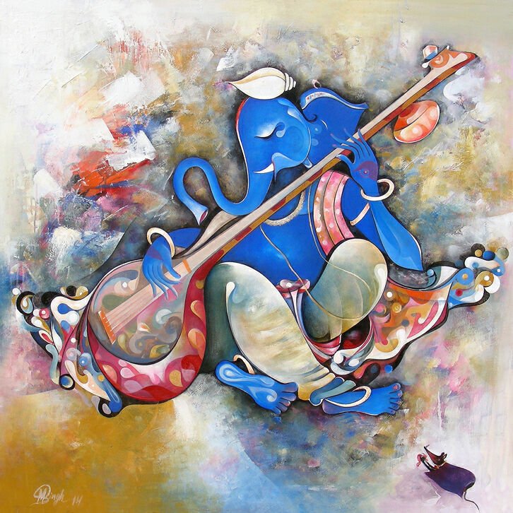 726x726 Musical Ganesha By Artist M Singh Religious Art Acrylic Paintings