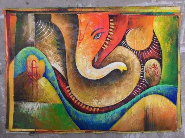 600x450 Blessing Lord Ganesha Acrylic Hand Painted Art Painting 24in X