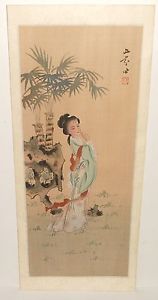 158x300 Japanese Geisha Girl And Tree Watercolor Painting Signed Ebay