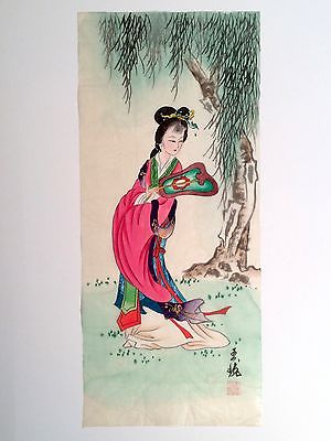 300x400 Japanese Geisha Watercolor Ink Rice Paper Painting. Girl Fan