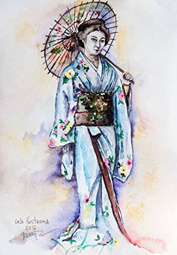 347x500 Geisha With Umbrella Original Woman Watercolor