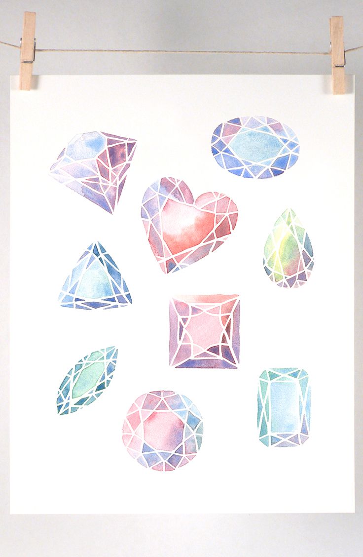 736x1128 Gemstones Art Print Of Watercolor Painting