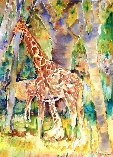 471x650 Giraffe Park, Abstract Watercolor Painting By Miriam Schulman