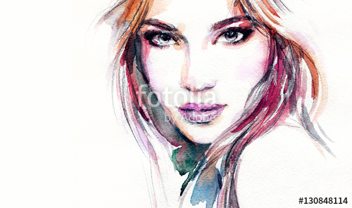500x296 Woman Portrait. Fashion Illustration. Watercolor Painting Stock
