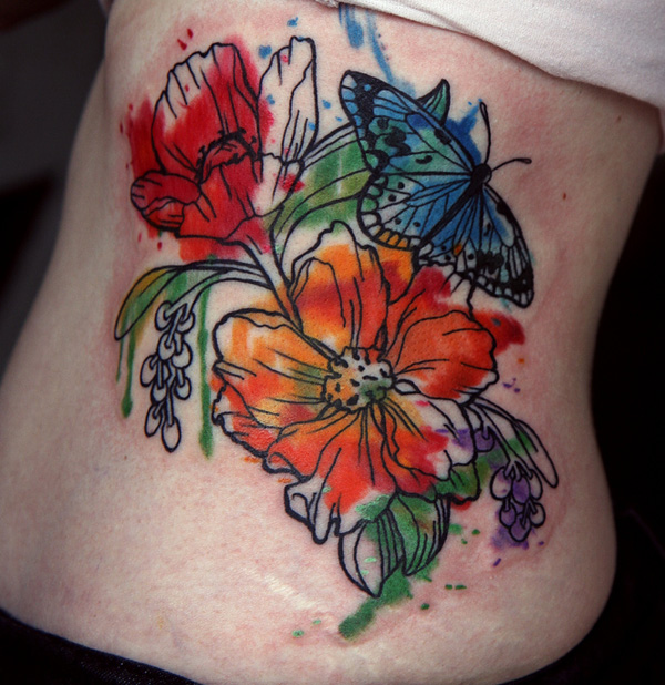 600x618 Nice Gladiolus With Butterfly Watercolor Tattoo For Girls