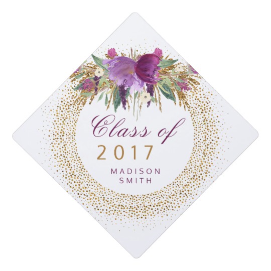 540x540 Graduation Glitter Watercolor Flower Gold Confetti Graduation Cap