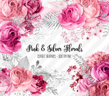 350x306 Pink And Silver Flowers Clipart, Glitter Watercolor Floral Clip Art