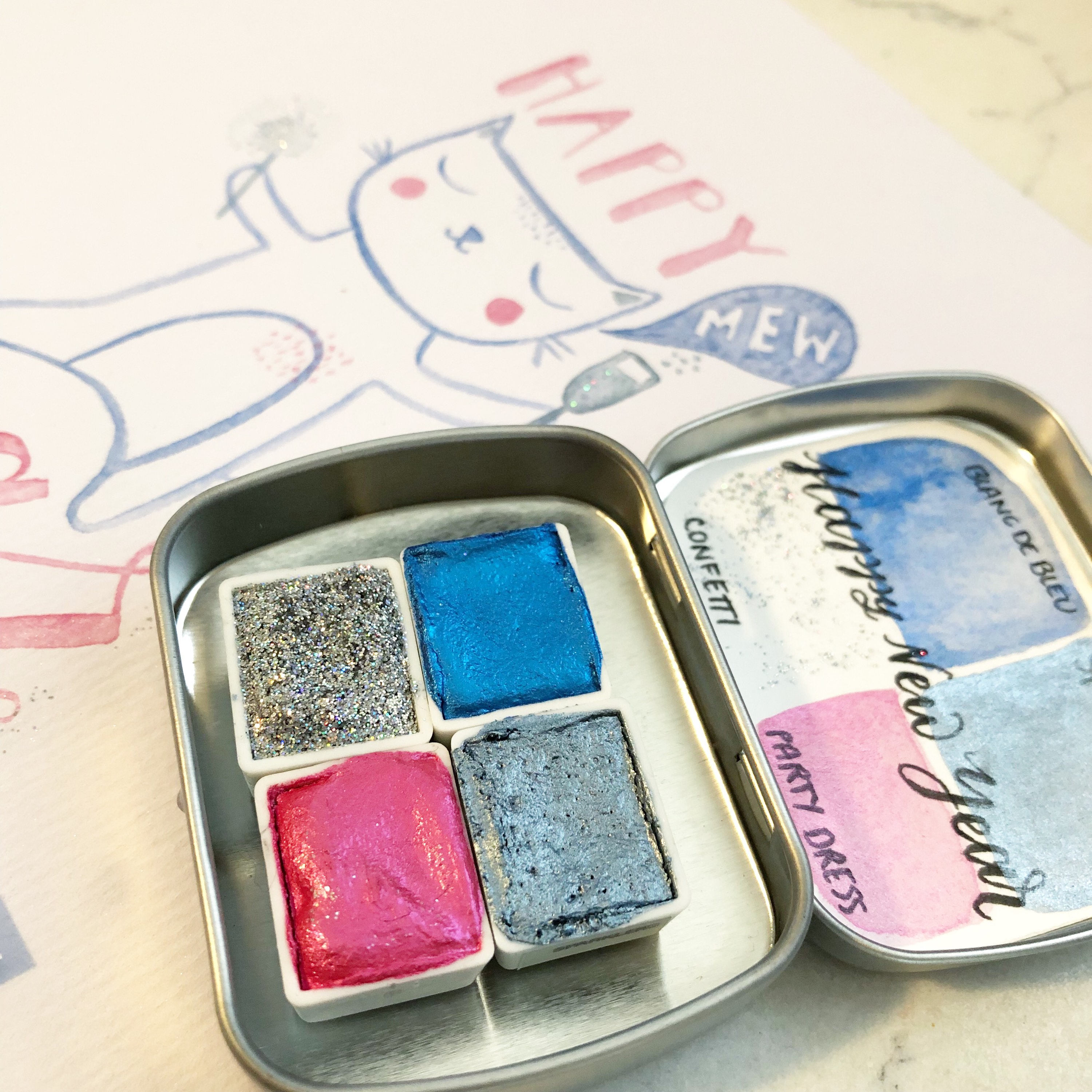 3000x3000 Handmade Watercolor Happy New Year Travel Tin Paint Set Of 4 Half