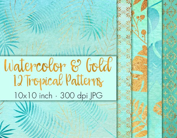 570x447 Buy 3 Pay For 2 Gold Watercolor Tropical Digital Paper Gold Etsy