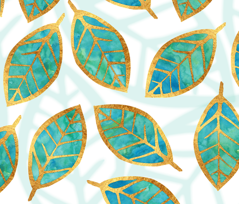 470x403 Teal And Gold Watercolor Leaves Giftwrap