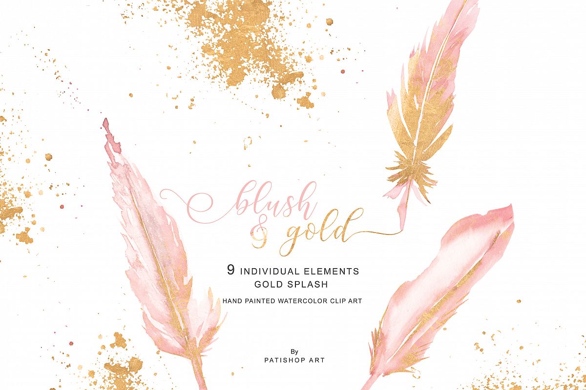 1200x800 Watercolor Blush Pink Gold Feather Clipart