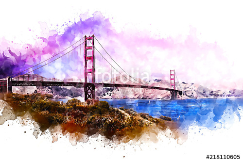 500x334 Golden Gate Bridge Watercolor Abstract Rendition Stock Photo And
