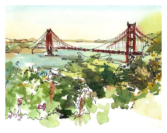 570x456 San Francisco Golden Gate Bridge California Watercolor Sketch Etsy