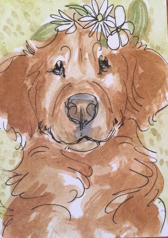 651x922 Aceo Golden Retriever Rose Head Wreath . A Watercolor Original Art